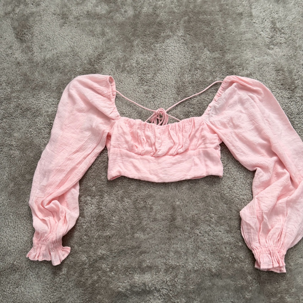 Princess Polly light pink linen cropped blouse size 4